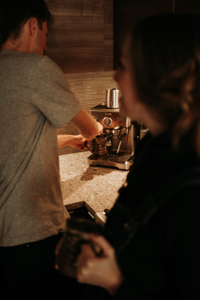 couple posing for their cozy engagement photos