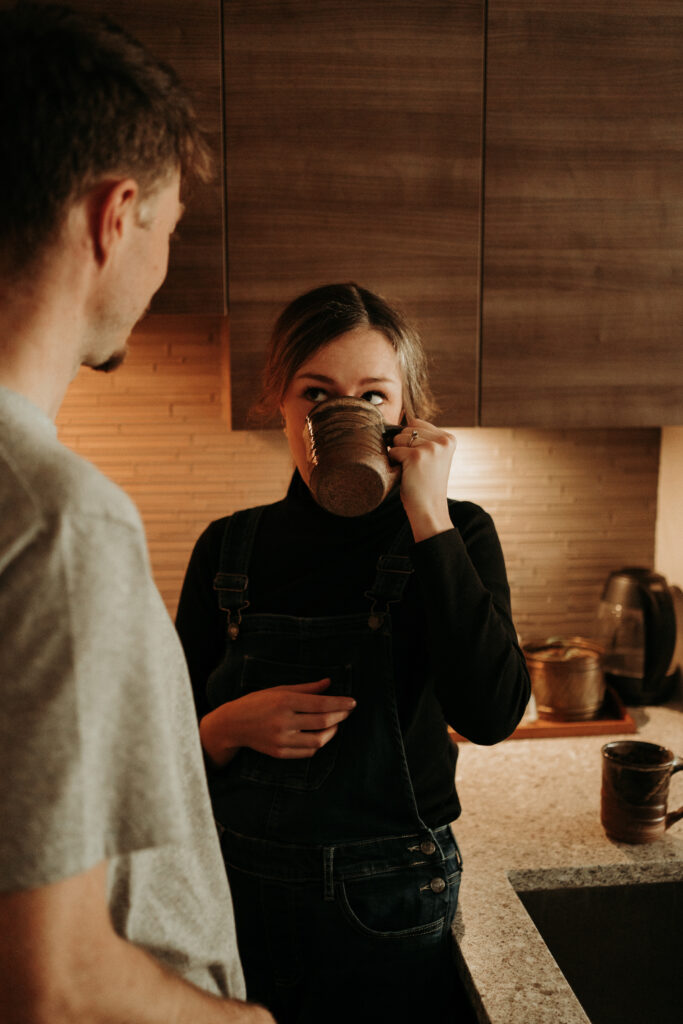 couple posing for their cozy engagement photos