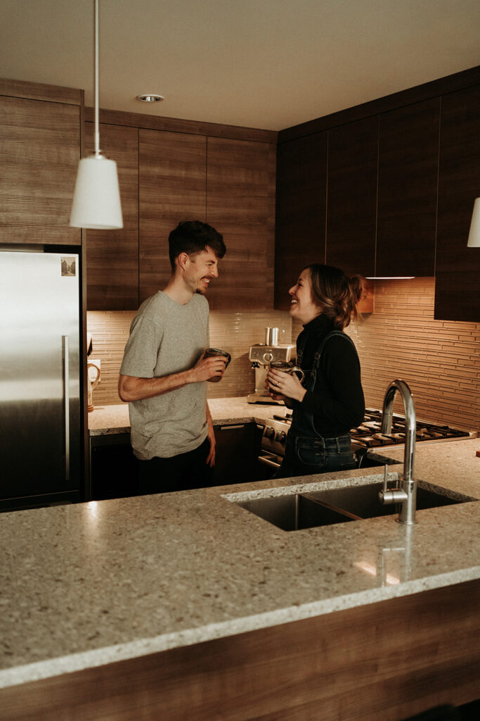 couple posing for their cozy engagement photos