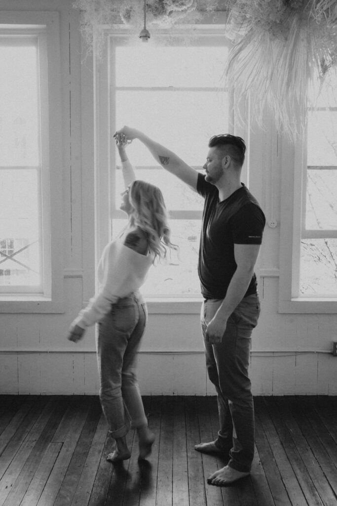 couple posing for their engagement photos on Vancouver Island
